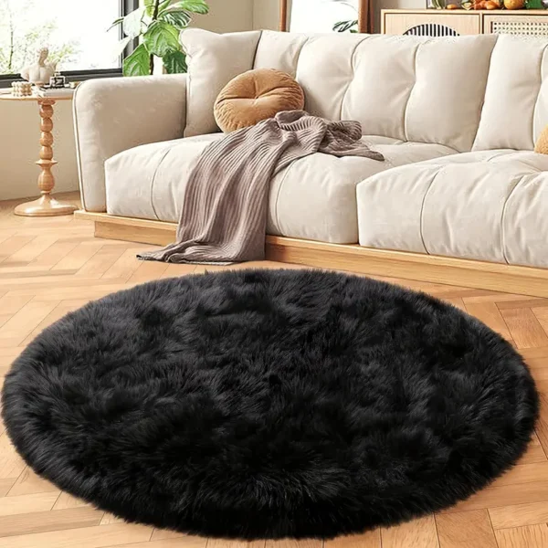 1pc Round fluffy Far rug Black