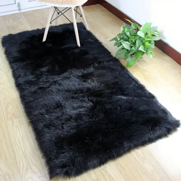 Fluffy Rectangular Carpet Made Of Black Faux Fur Sheepskin