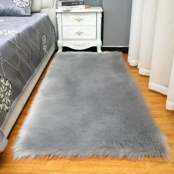 Fluffy Rectangular Carpet Made Of Grey Faux Fur Sheepskin